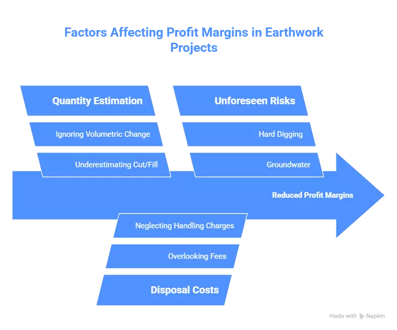 Earthworks Essentials: Cut, Fill & Costing 7 Fishbone diagram showing factors affecting profit margins in earthwork projects: quantity estimation errors, unforeseen risks like groundwater, and disposal costs