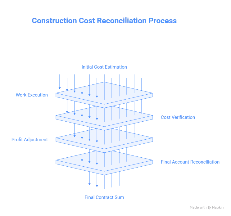 Diagram illustrating the construction cost reconciliation process from estimation to final contract sum