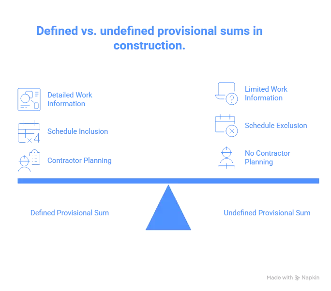 Comparison chart showing the difference between defined and undefined provisional sums in construction contracts.